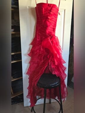 Red strapless Ruffled Prom Dress With Side Split. Size 8